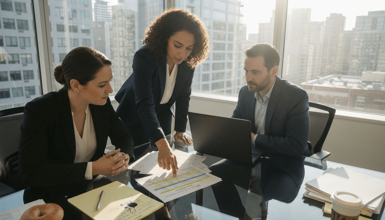 Lawyers review digital marketing in office meeting