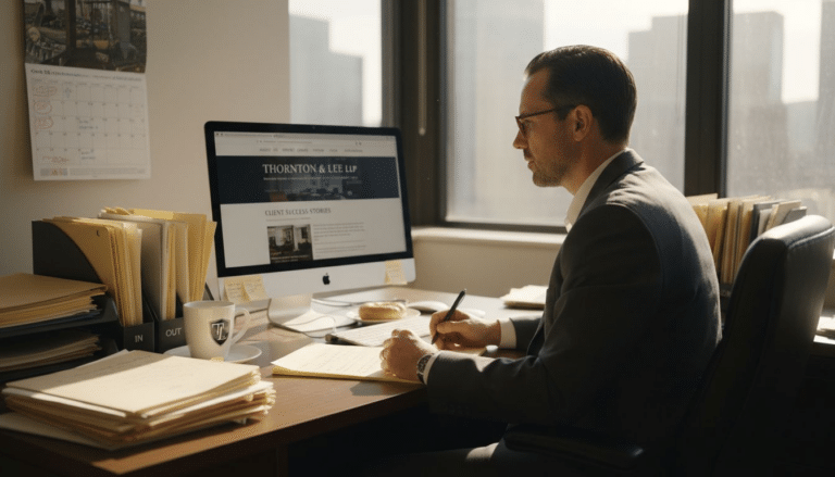 Attorney reviews law firm website in office